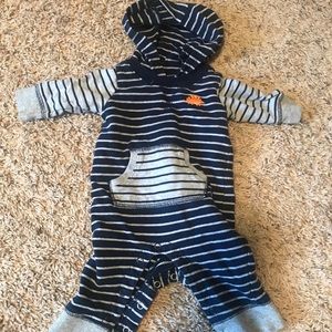Navy blue and grey stripe hooded outfit